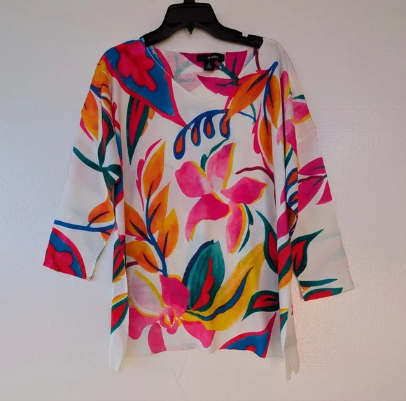 NEW - Ali Miles Multicolor Floral V-Neck Blouse M/L - Picture 2 of 5